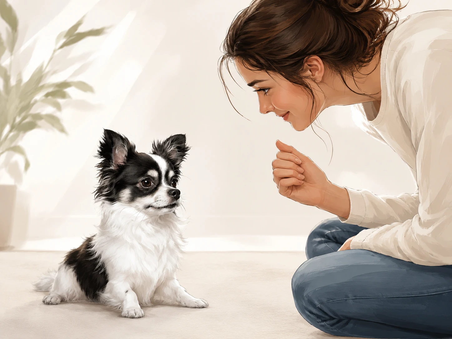 Trainerin übt Aufmerksamkeit mit einem jungen Hund